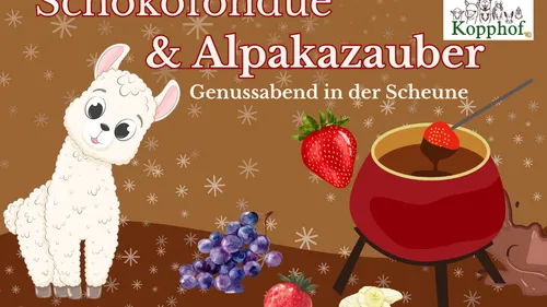 Cartoon-Lama mit Schokoladenfondue und Früchten.