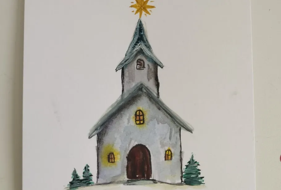 Church drawing with star and trees.