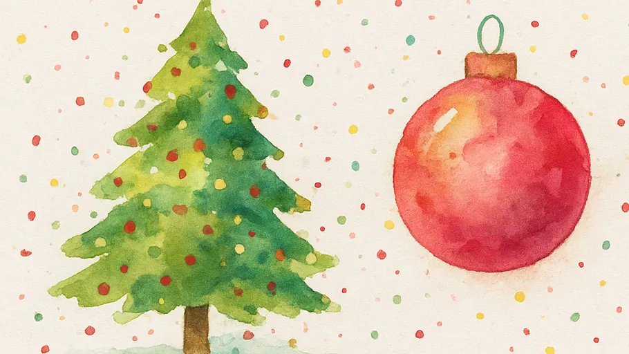 Watercolor tree and ornament, festive background.