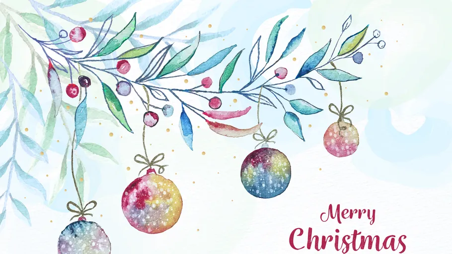 Watercolor Christmas ornaments hanging from branches.