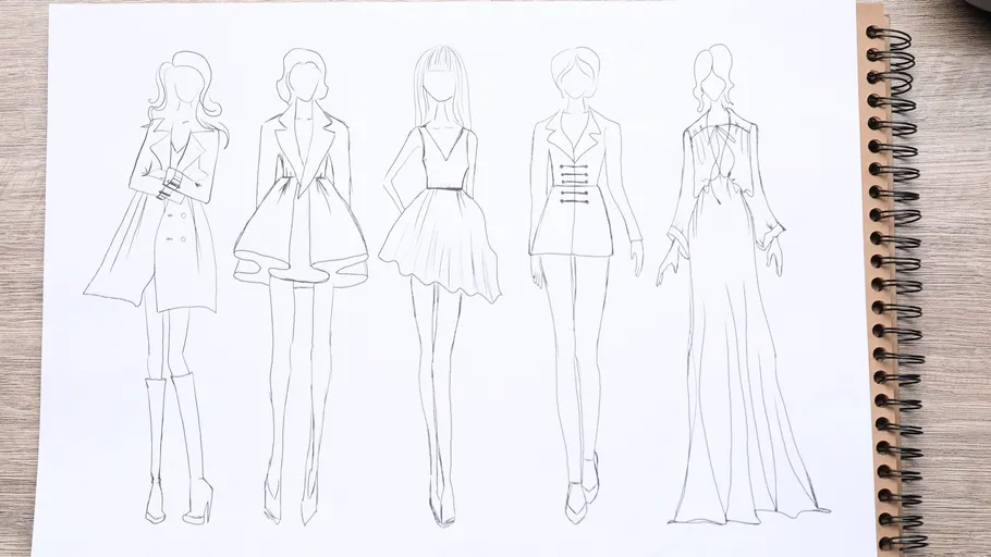 Fashion sketches of five elegant dresses.