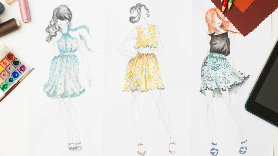 Fashion sketches of three dresses with sewing tools.