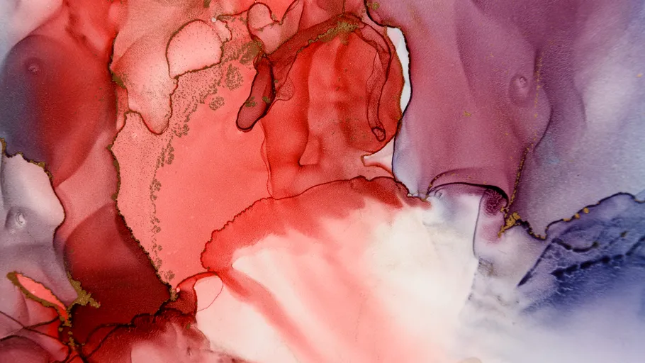 Abstract watercolor with red and purple hues.