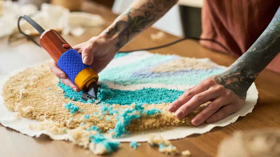 Person using tufting gun on fabric design.