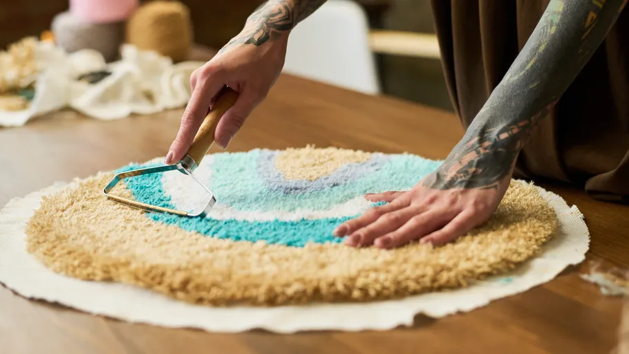 Person crafting colorful rug on table.