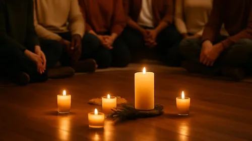 Candles on floor surrounded by seated people.