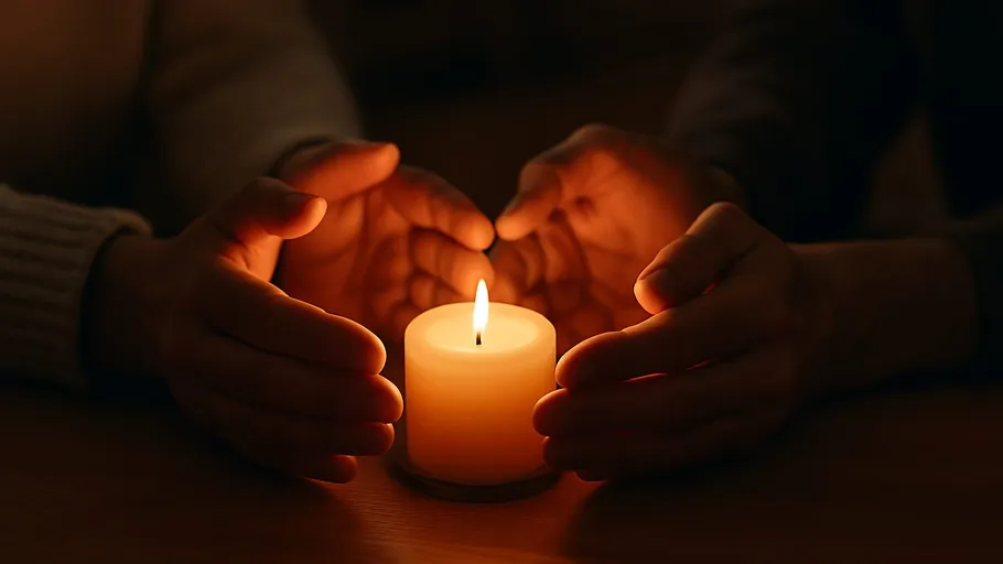 Hands cupping a lit candle on table.
