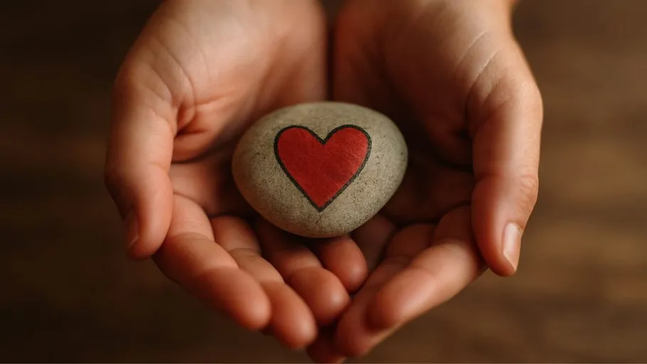 Hands holding a rock with painted heart.
