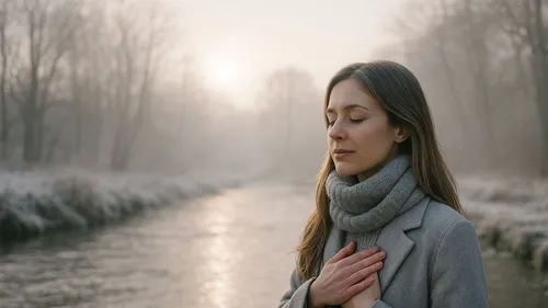 Woman meditating by a foggy river.