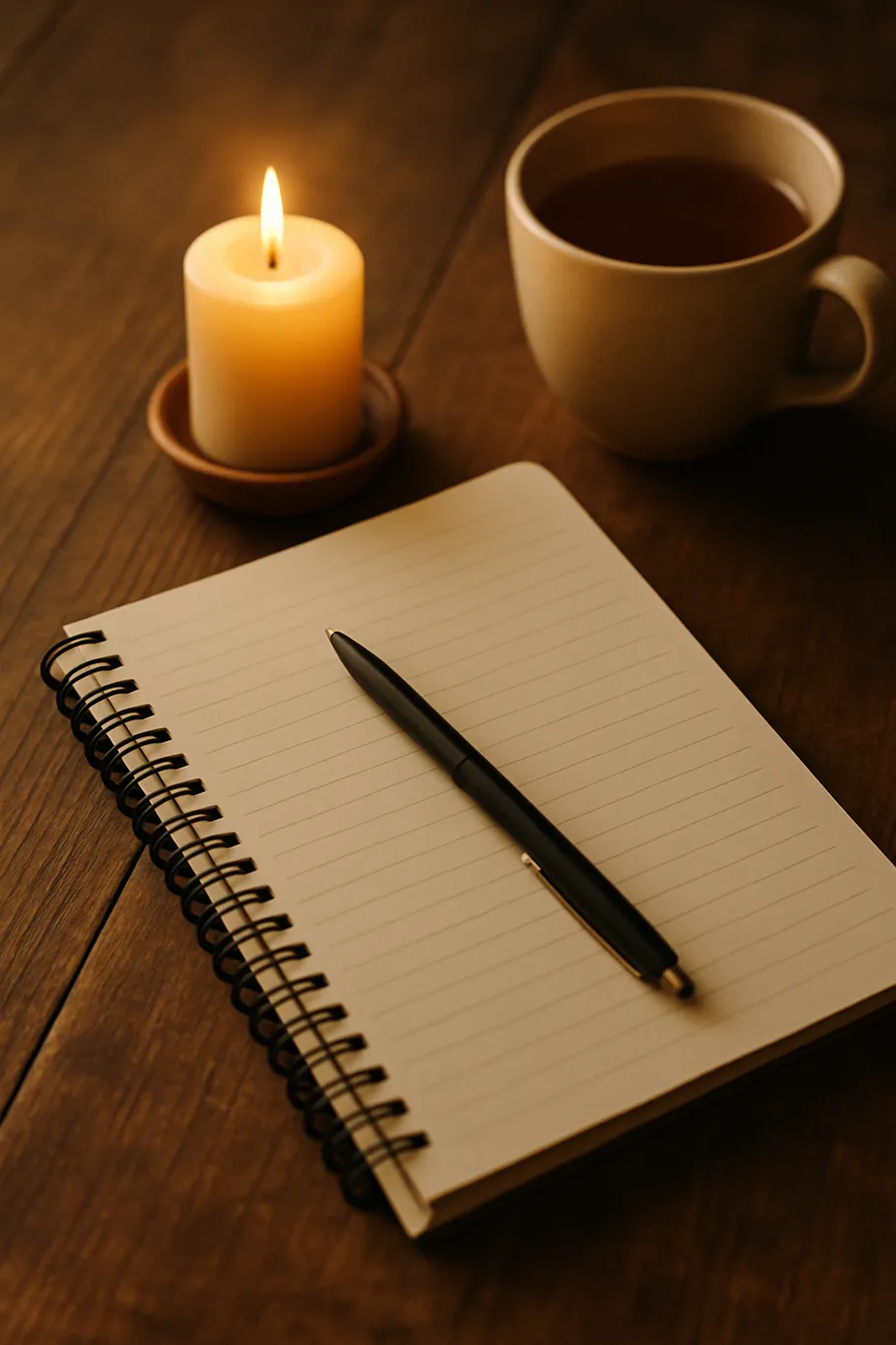 Notizbuch mit Stift neben Kerze und Tasse.