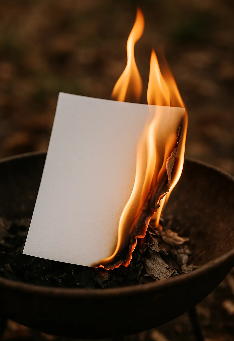 Paper burning in a fire pit outdoors.
