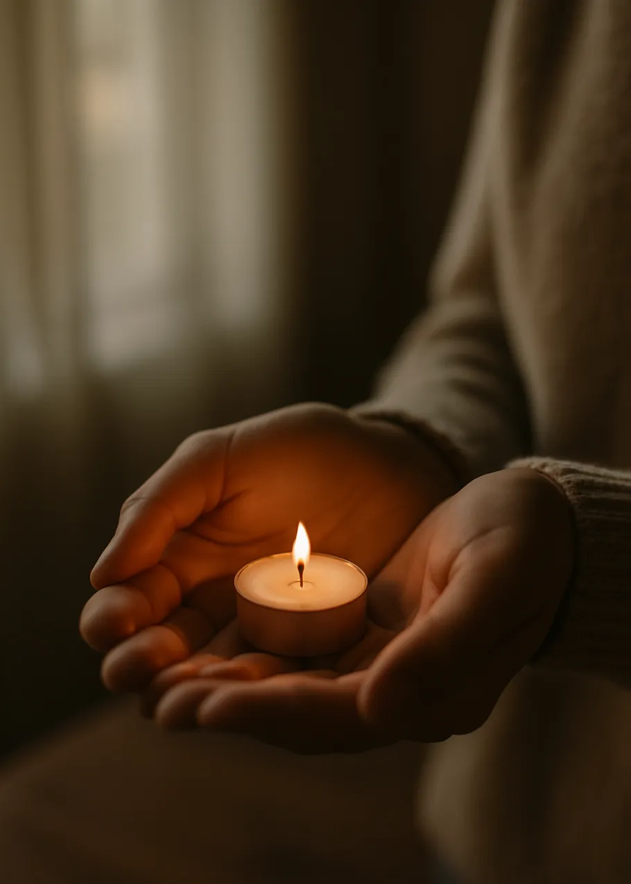 Person hält brennende Kerze drinnen.
