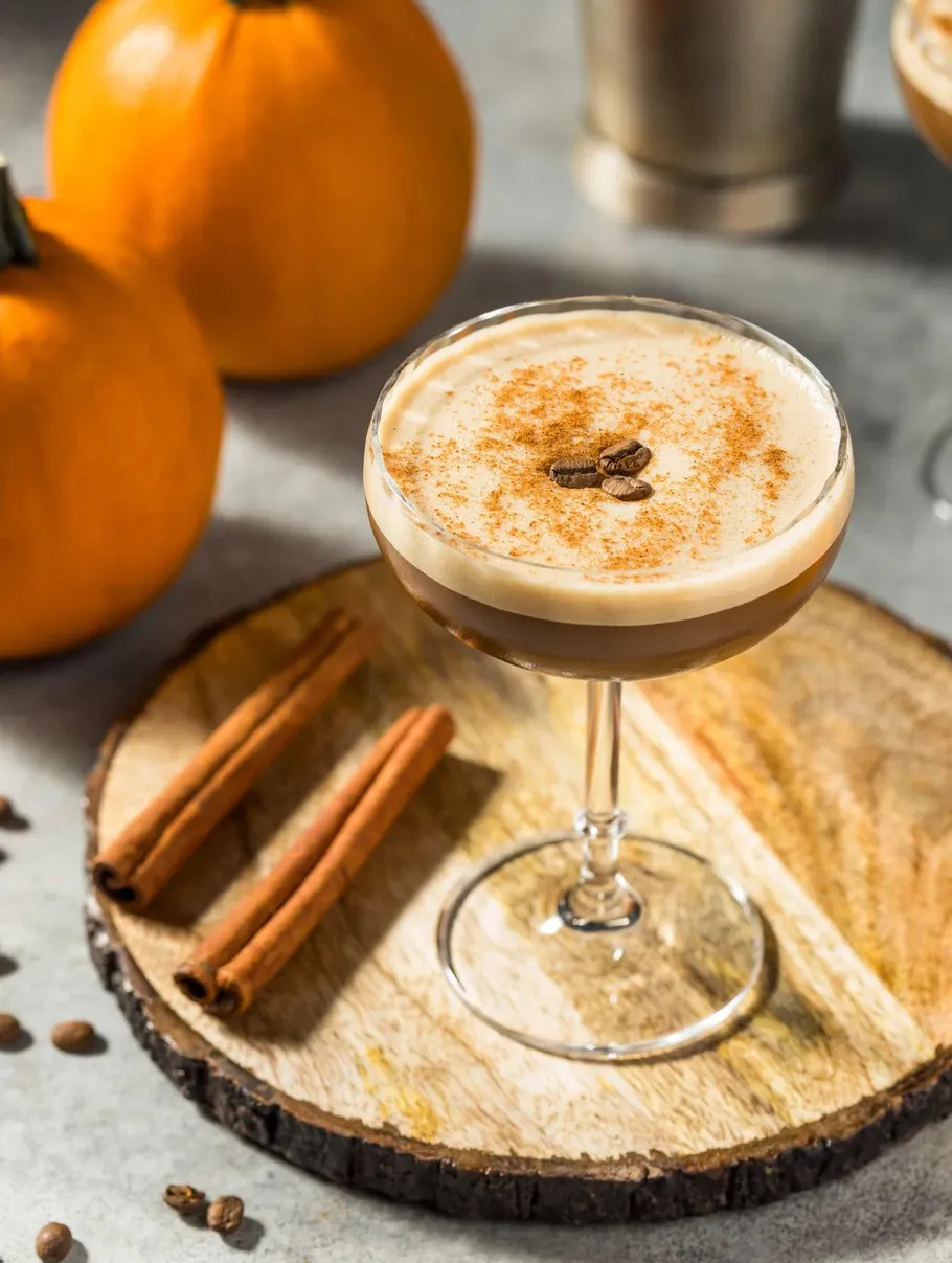 Cocktail with cinnamon on wooden platter, pumpkins nearby.