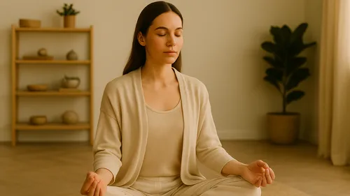 Woman meditating in serene, minimalist room.