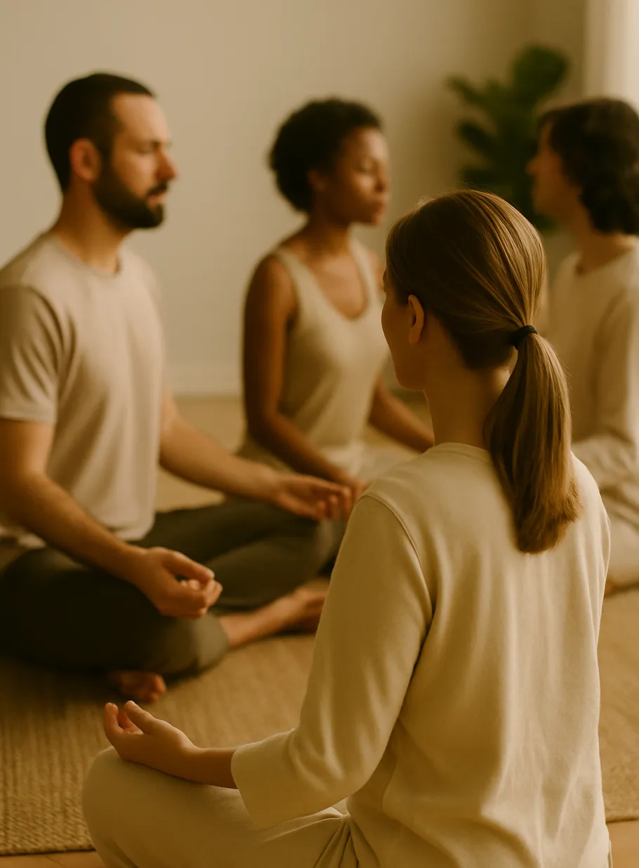 People meditating in a calm sunny room.