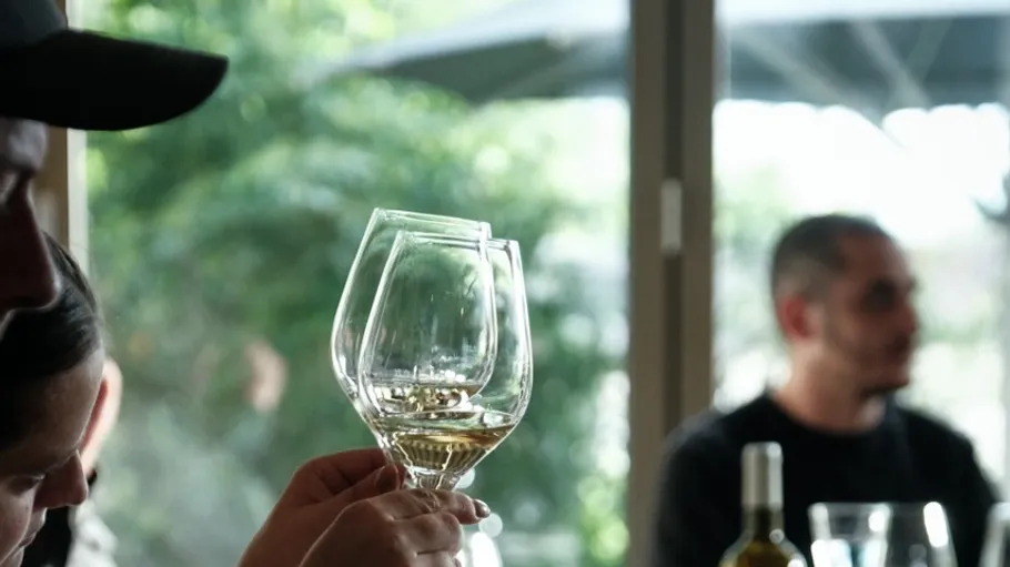 Person hält Weinglas drinnen am Fenster.