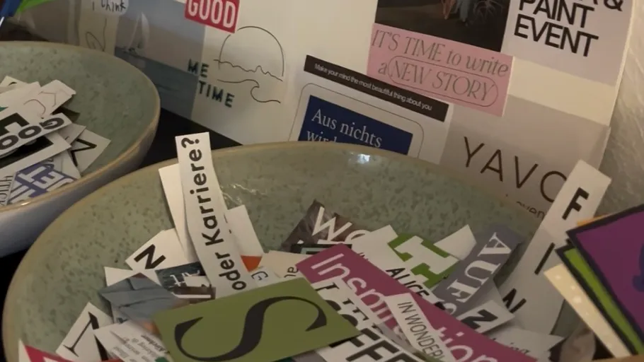 Bowls filled with colorful paper scraps.