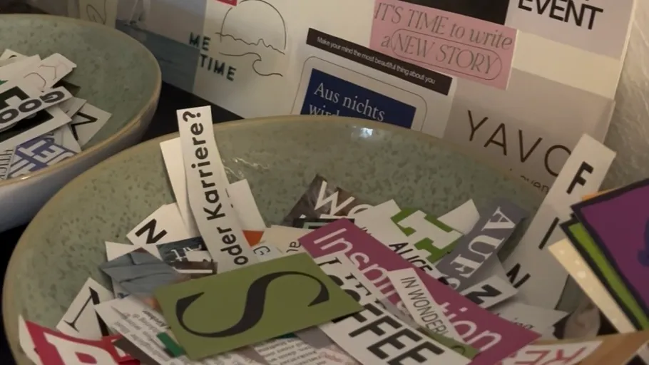Bowls filled with various cut-out words.