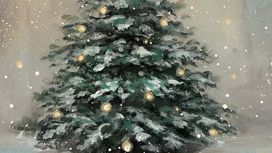 Weihnachtsbaum mit Lichtern, Schnee fällt.
