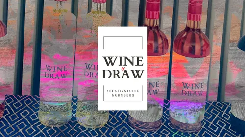 Colorful wine bottles displayed against a patterned background.