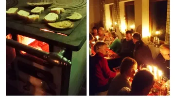 Stovetop with bread, people dining by candlelight.
