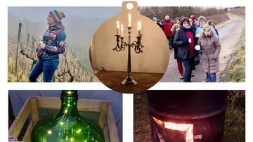 Menschen spazieren draußen, Flasche, Kerze, Feuer.