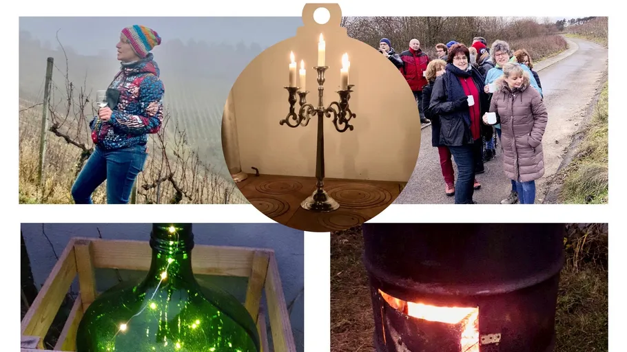 People walking outdoors, bottle, candle, fire.