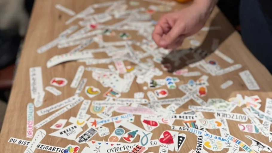 Person arranging small cut-out text pieces on table.