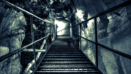 Treppe führt in schwach beleuchtete Höhle.