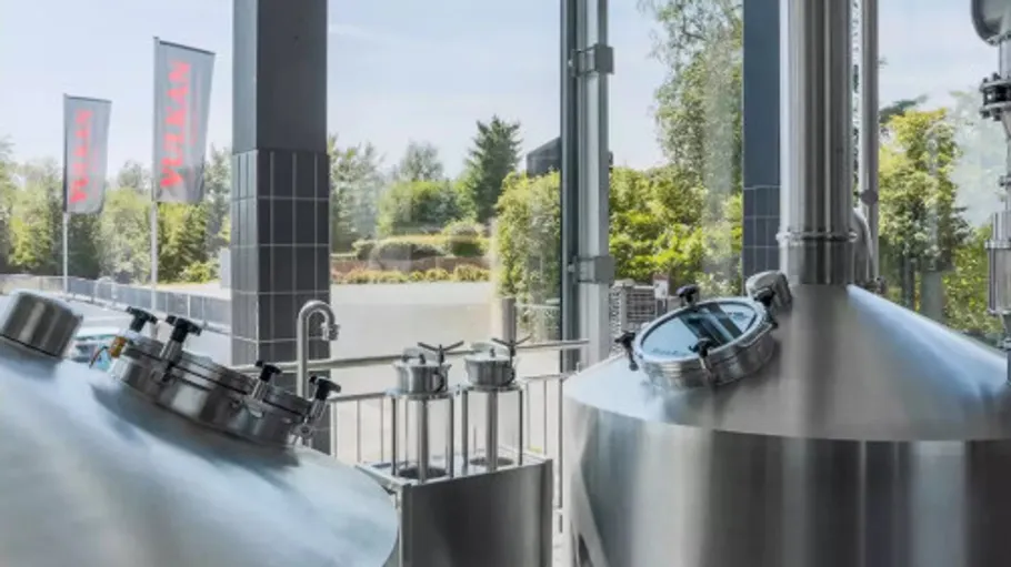 Stainless steel tanks in modern brewery.