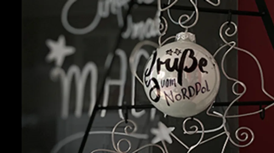 Ornament on metal tree with festive background.