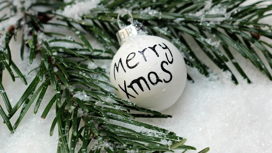 White ornament reads 'Merry Xmas' on snowy branches.