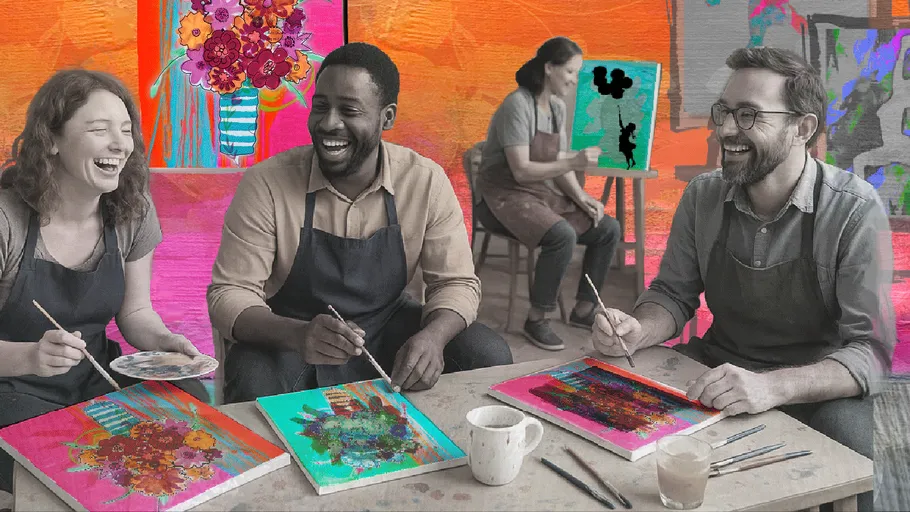 Three people painting, laughing in art studio.