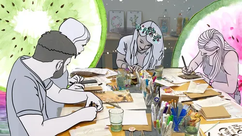 People drawing at a table with fruity background.