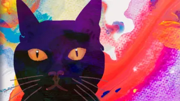 Lila Katze auf lebhaftem abstraktem Hintergrund.