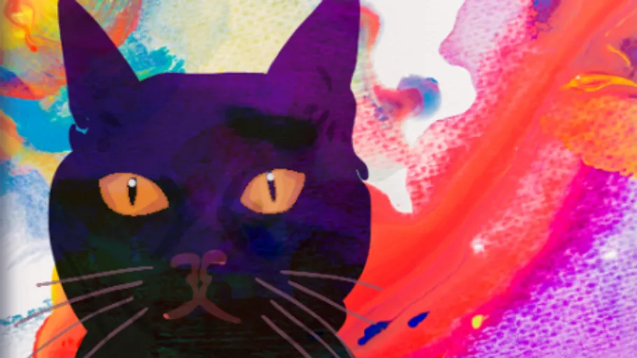 Purple cat on vibrant abstract background.
