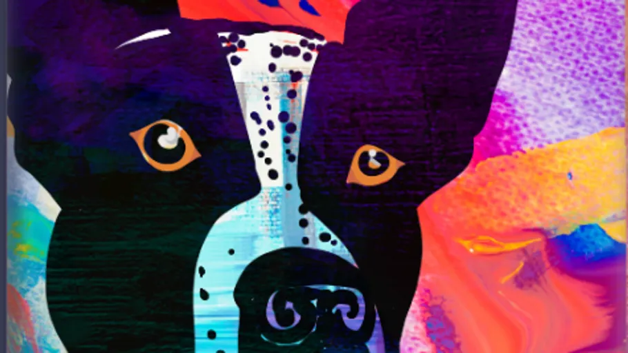 Colorful abstract dog portrait with vibrant background.