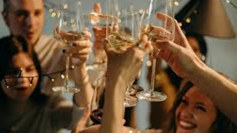 Group toasting with wine glasses at party.