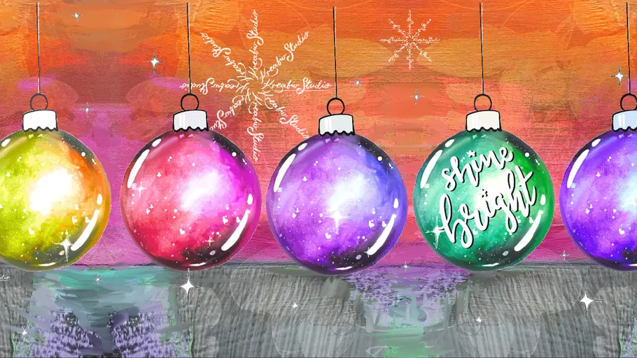 Colorful ornaments hanging in festive background.