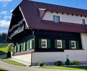 Traditionelles Haus mit grünen Fensterläden, ländliche Umgebung.