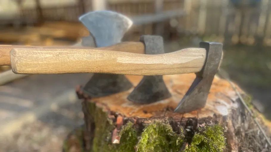 Axe resting on tree stump outdoors.