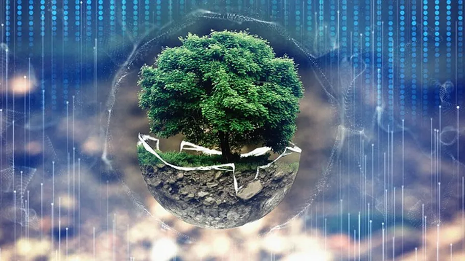 Schwebender Baum in digitaler Kugel, abstrakter Hintergrund.