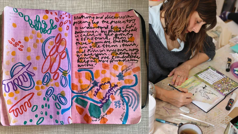 Colorful journal with abstract doodles and artist sketching.