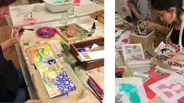 Menschen erstellen Kunst mit verschiedenen Materialien.