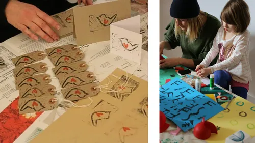 Handmade cards with birds, child doing crafts.