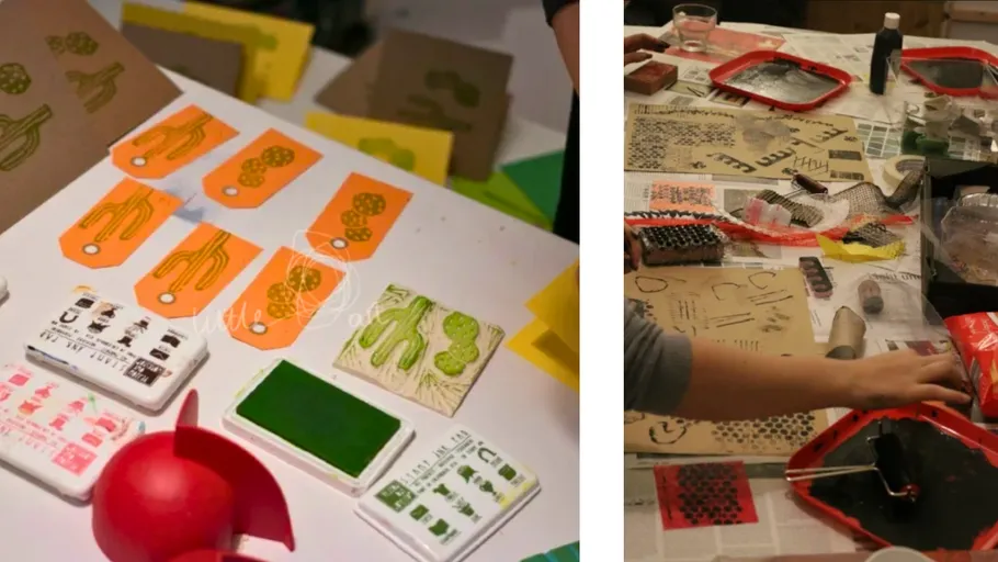 Crafting table with stamps and prints.