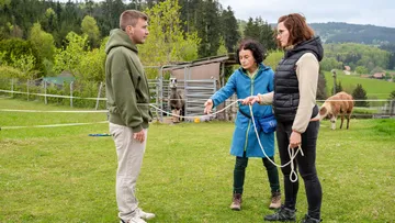 Three people hold ropes on a grassy field.