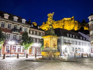 Fountain stands in place, illuminated by the castle in the background.