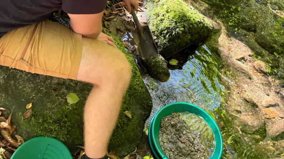 Person panning for gold in a stream.