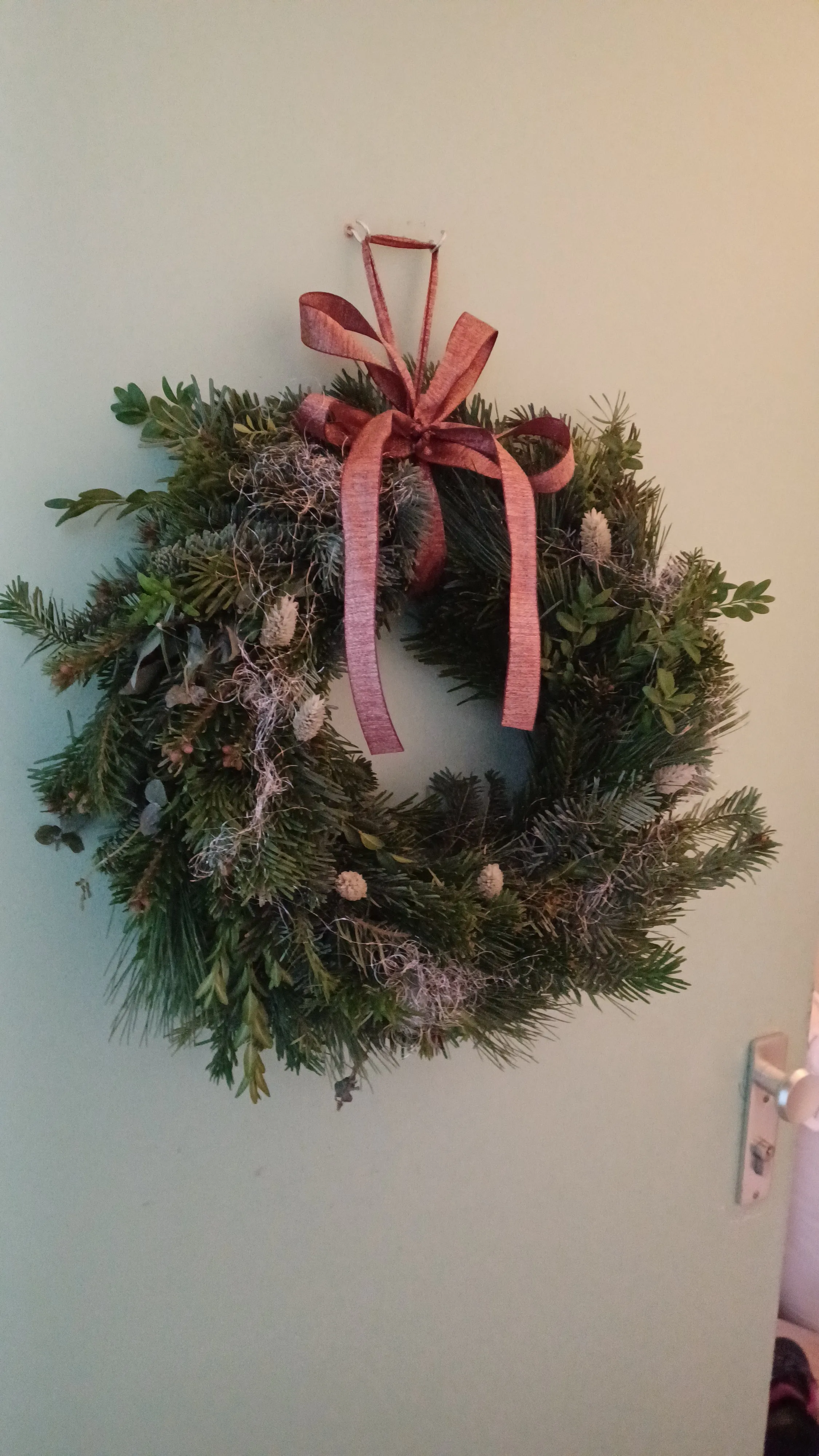Wreath with red bow on a door.
